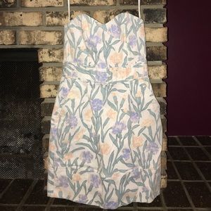 Strapless, floral, denim dress