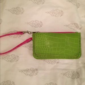 Green and pink snake skin vegan leather wallet