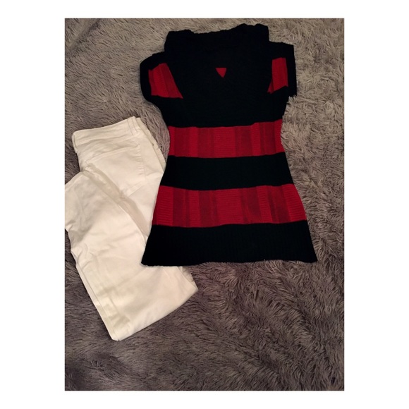 Red and black cowl sweater.