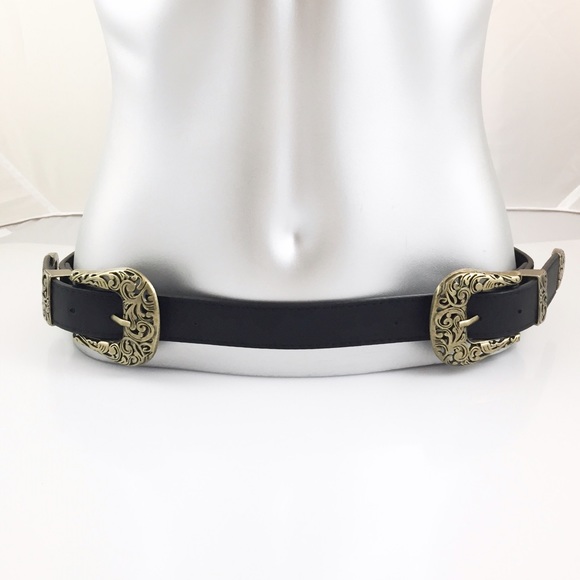 ANTIQUE GOLD DOUBLE BUCKLE BLACK LEATHER BELT