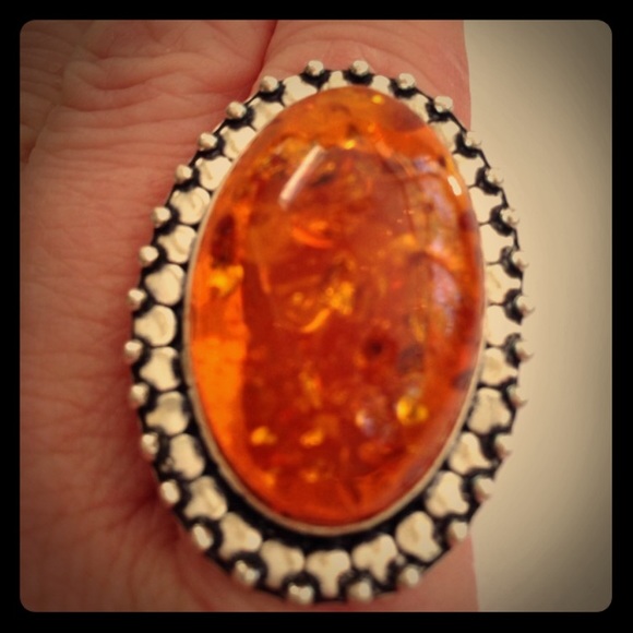 🌟NIB: GENUINE AMBER &925 STERLING SILVER RING-6.5