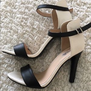 Black and white ankle strap sandal
