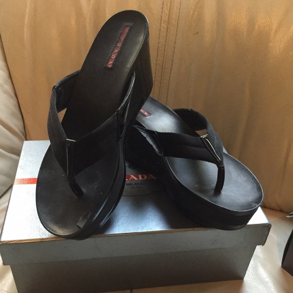 Authentic Prada Logo wedge platform thong Size 9