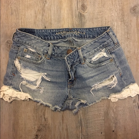 distressed shorts w/ crochet insets