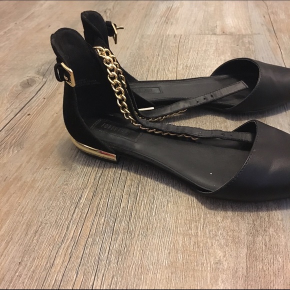 Forever 21 Shoes Black Flats With Gold Chain Ankle Strap Poshmark
