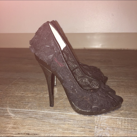 black heels with rose lace design