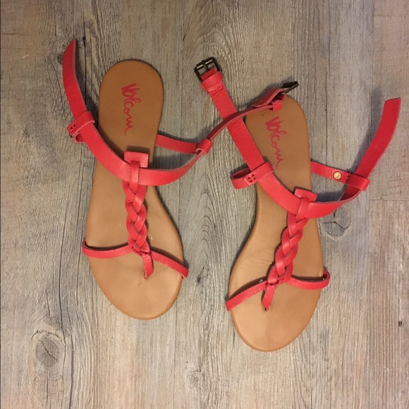 pink volcom braided t strap sandals