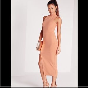 ribbed roll neck midi dress pink