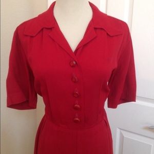 Vintage 40s 50s red gabardine shirtdress 42-28