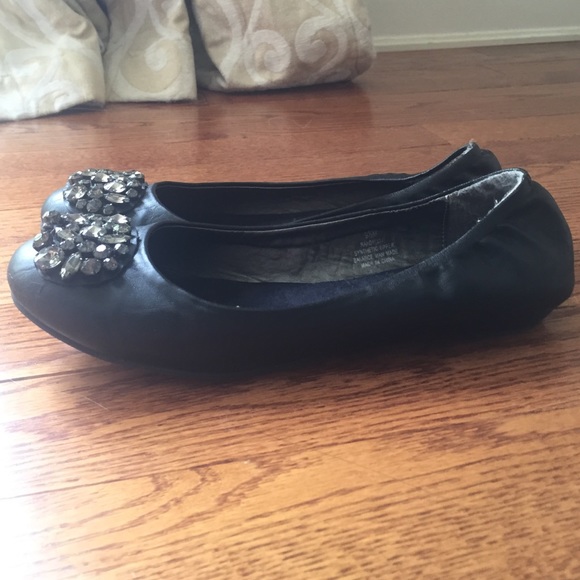 Black Leather Flats with Crystal Decor