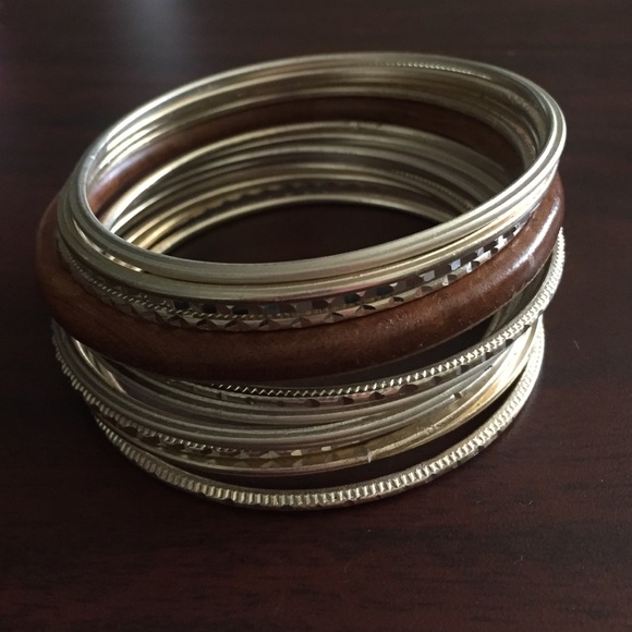 Silver, gold, wood bangles