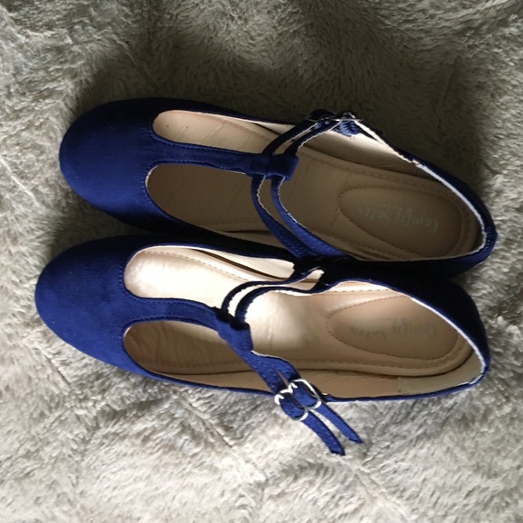 Faux Suede Blue Flats with Buckles