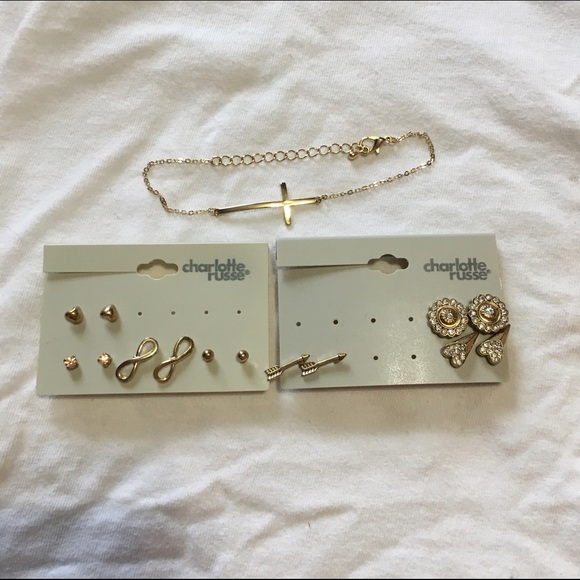 Gold plated earrings and cross bracelet