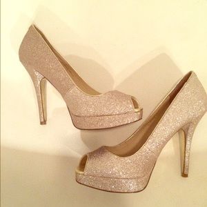 Gold sequin peep toe pumps
