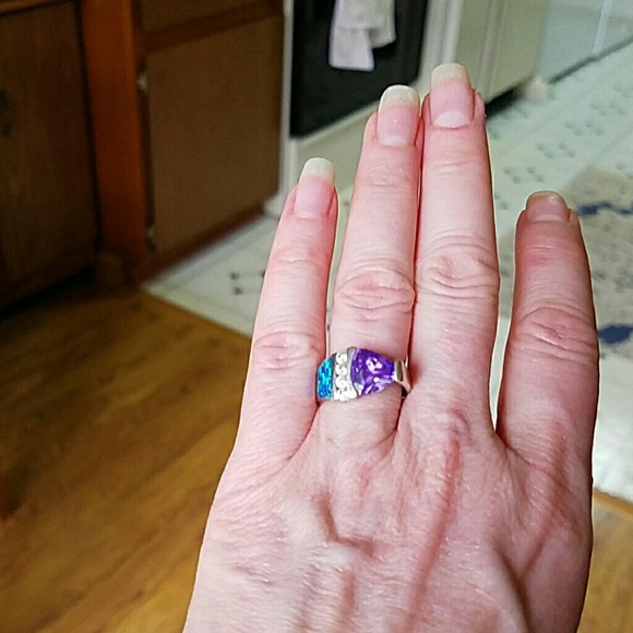Amethyst lapis stone and Cz sterling silver ring