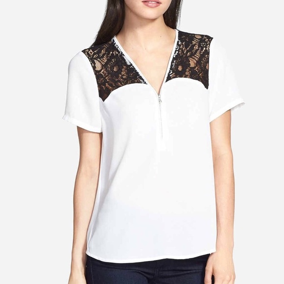 🆕 White black lace zip chiffon blouse tee t-shirt - Picture 2 of 4