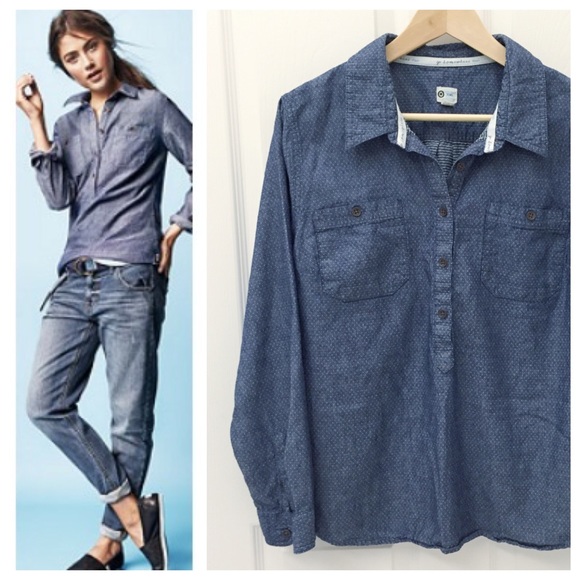 TOMS Tops - TOMS Chambray Denim Polka Dots Henley Shirt