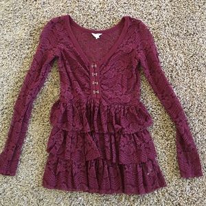 Bethany Mota long sleeve burgundy ruffles top