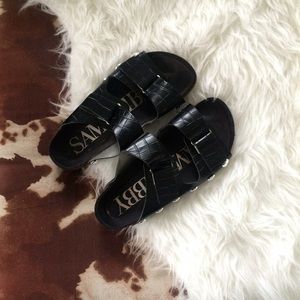 Black Croc Print Slip On Sandals with Metal Detail