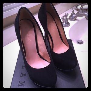 L.A.M.B. Black Suede heels with platform