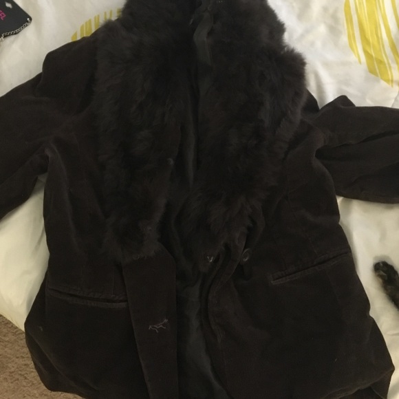 Brown jacket with fur around neck