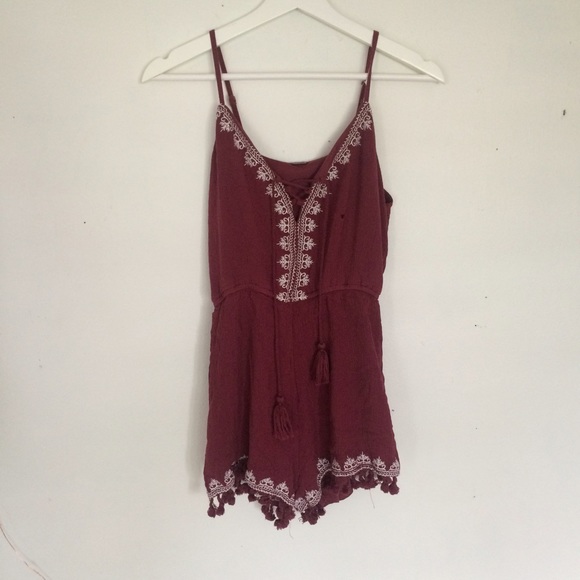 Burgundy Lace Up Romper with Tassel Detail