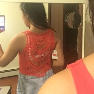 Crochet back coral swim cover up tank top cropped