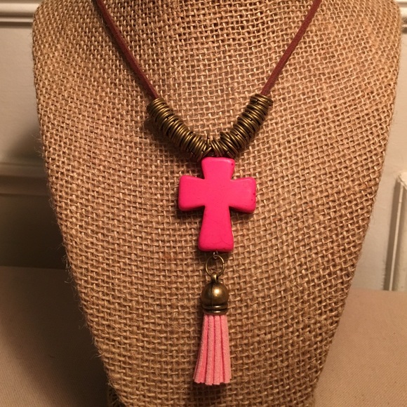 New! Pink Cross & Tassel Necklace - Picture 2 of 3