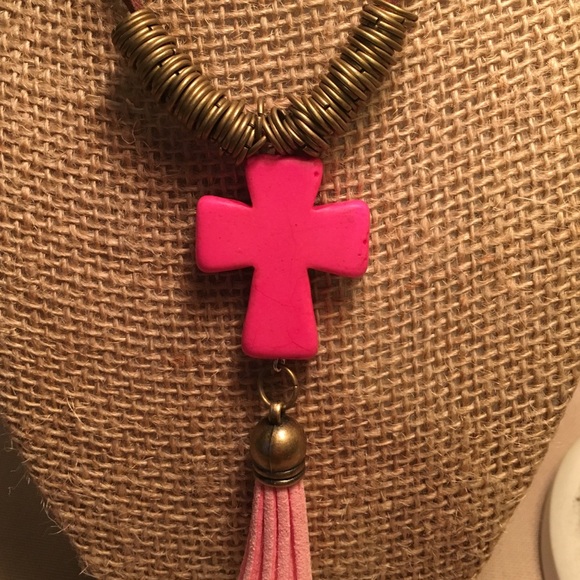 New! Pink Cross & Tassel Necklace - Picture 3 of 3