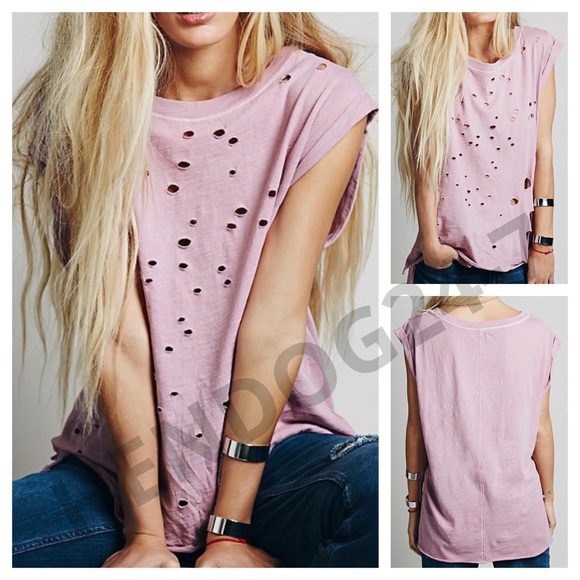 Free People Tops - FREE PEOPLE SHREDDED DESTROYED MUSCLE TEE LAVENDER