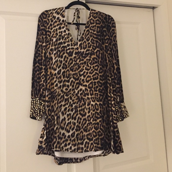 Leopard print tunic with beaded sleeve cuff