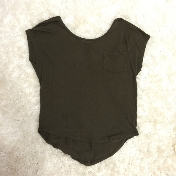 Green open back silky shirt.