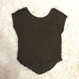 Green open back silky shirt.