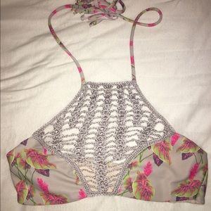 Crochet top with printed fabric bathing suit top