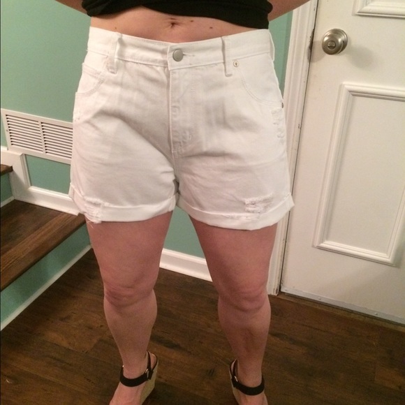 White distressed jean cuffed shorts