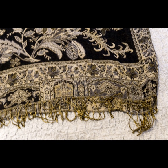 Large Gold and Black Pashmina Scarf with Fringe