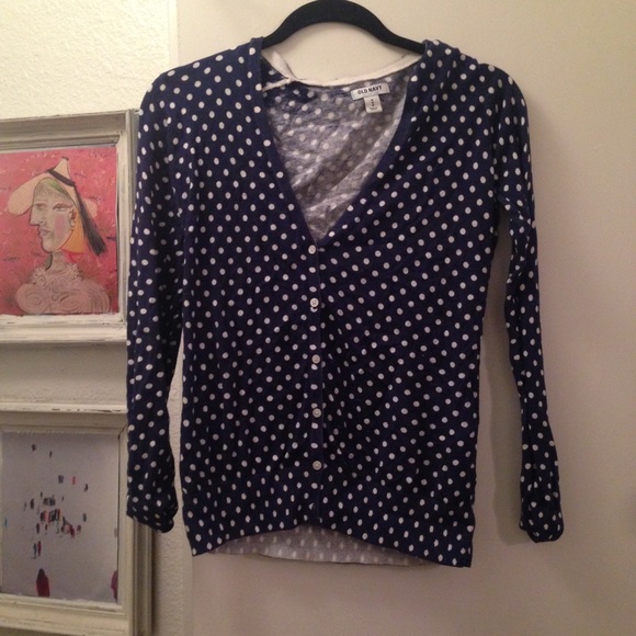 Navy sweater with white polkadots