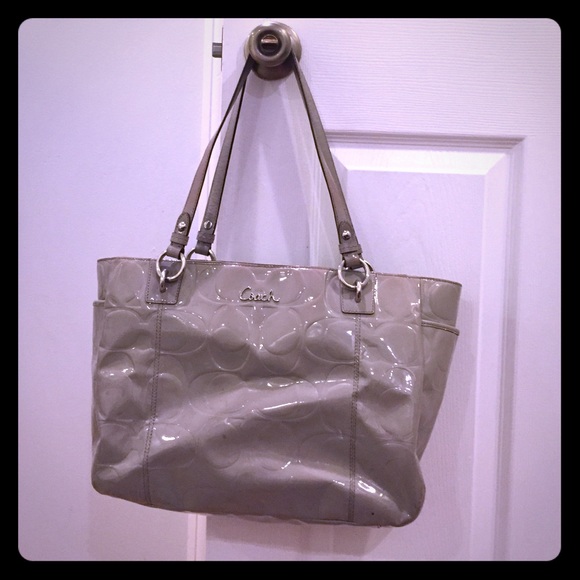 Patent gray Coach tote