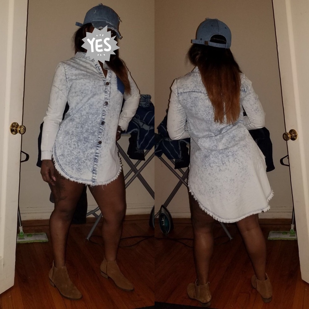 Casual Short Long Sleeve Denim Shirt Dress - Picture 5 of 5