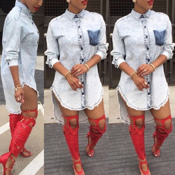 Fara Boutique Dresses & Skirts - Casual Short Long Sleeve Denim Shirt Dress