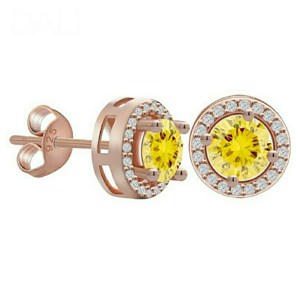 10k Rose Gold Yellow CZ Stud Earrings - Picture 3 of 3