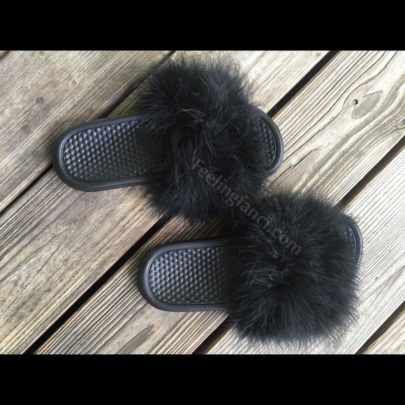 Custom Nike Black Faux Fur Slides fuzzy sandals - Picture 2 of 4