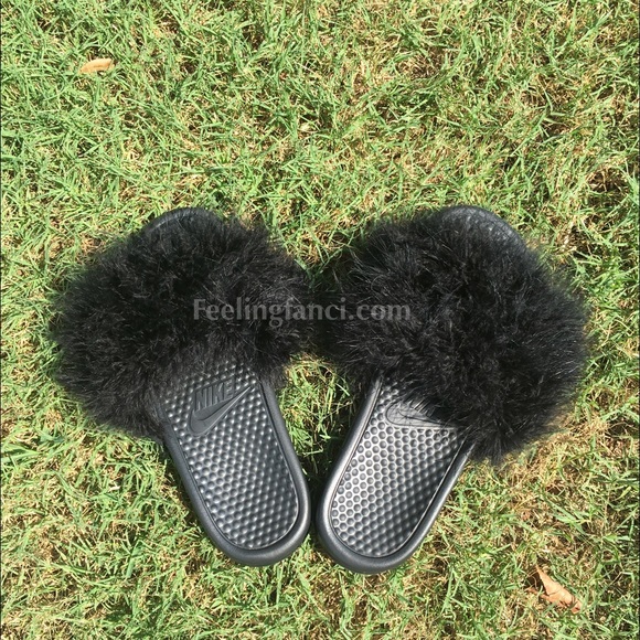 Custom Nike Black Faux Fur Slides fuzzy sandals - Picture 3 of 4