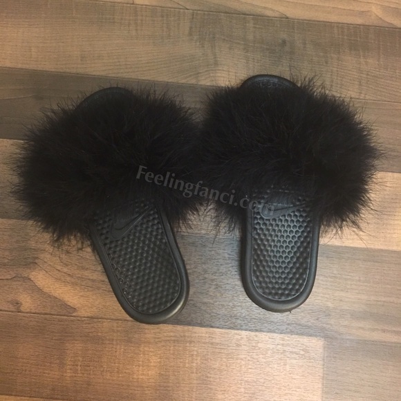Custom Nike Black Faux Fur Slides fuzzy sandals - Picture 4 of 4