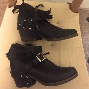 All Saints leather black fringe ankle boot