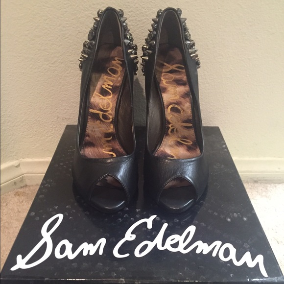 *SAM EDELMAN* black peep toe studded heels.