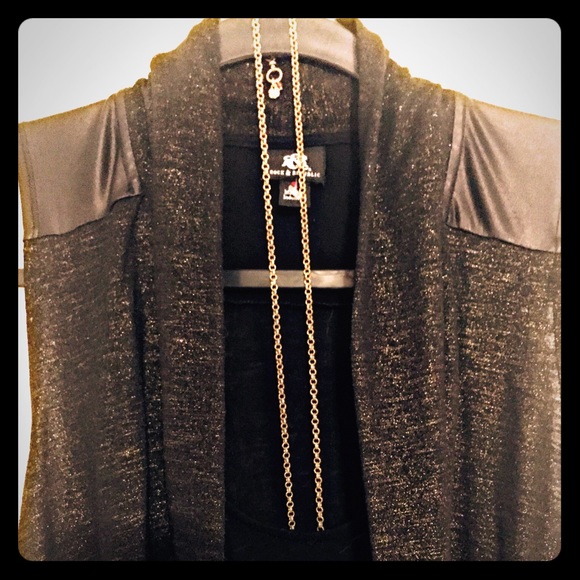 Sexy Black Shimmer Draped Top, Faux Leather Trim