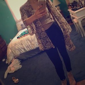 Nave blue cream and tan sunflower kimono