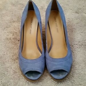 Blue denim colored wedge heeled sandals size 8W