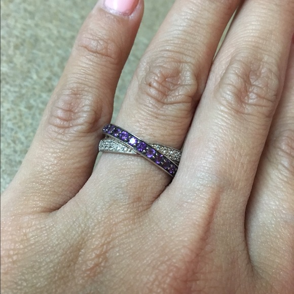 Silver ring with diamond and amethyst stones